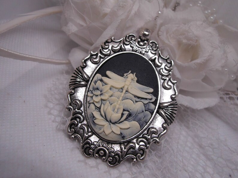 Black Antique White Dragonfly Water Lily Vintage Cameo Necklace Pendant Vintage Victorian Style Cameo Scarf Purse Charm image 4