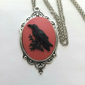 Red Mauve Raven Crow Gothic Rockabilly Cameo Necklace Pendant Victorian Jewelry