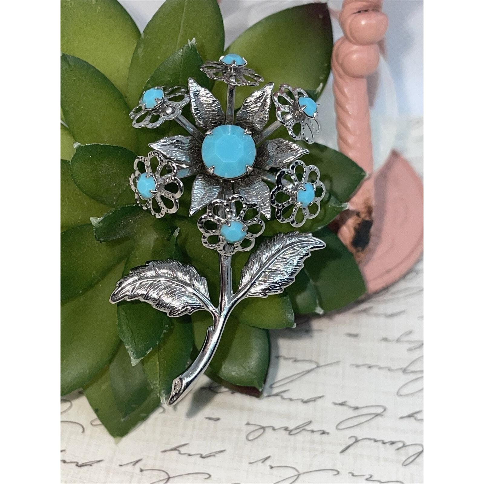 Vintage Silver Tone Filigree Acrylic Faux Turquoise Flower