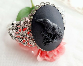 Black Raven Crow Bird Cameo Bangle Bracelet Silver Goth Chunky Steampunk Witch