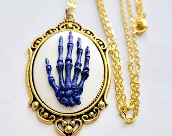 Blue Iridescent Skull Skeleton Hand Gothic Rockabilly Cameo Black Necklace Pendant Victorian Jewelry