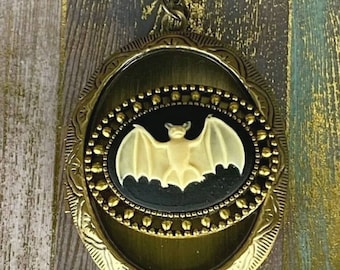 Gothic Bat Cameo Charm Gold Brass Large Locket Necklace Rockabilly Photos Bronze