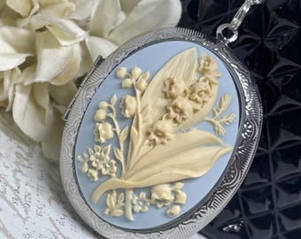 Azul Creme Aniversário da Mãe Lírio do Vale Medalhão de Camafeu Prateado Casamento Irlandês