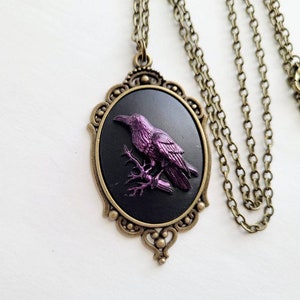 Purple Iridescent Raven Crow Gothic Rockabilly Cameo Antique Bronze Necklace Pendant Victorian Jewelry
