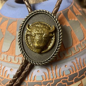 3D Bronze BUFFALO Brown Leather Bolo Tie Necklace Western Southwest  Dad Gift Birthday Anniversary Father&#39;s Day gift wedding party