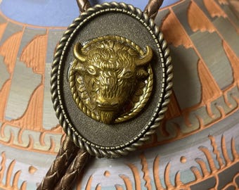 May include: A bolo tie featuring a brass-colored buffalo head on a dark gray oval pendant. The pendant is framed by a rope-like border and attached to a braided brown leather cord. The tie has a Western or Southwestern theme.