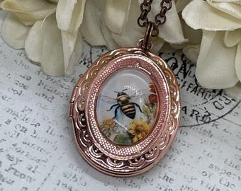 Rose Gold Garden Bee Bumble Honey Brass Locket Necklace Pendant Wedding Mother