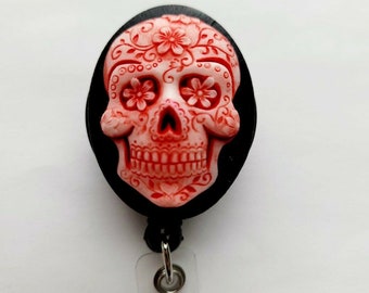 Red Sugar Skull Day of the Dead Goth Rockabilly Badge Reel retractable ID Card Key cameo