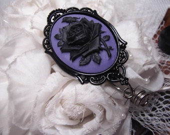 Rockabilly Goth Black purple  Rose Cameo Silver Badge reel retractable ID Holder Glasses Key Card Teacher Doctor Nurse