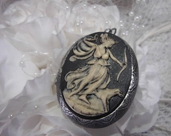 Vintage Style Artemis Goddess Diana Dog Locket Cameo BLACK white Memorial Urn Photo Keepsake Necklace