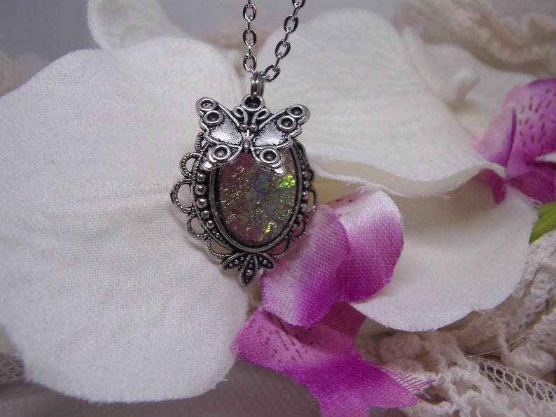 Jelly Opal Silver Butterfly Pendant Necklace Lace Setting | Etsy