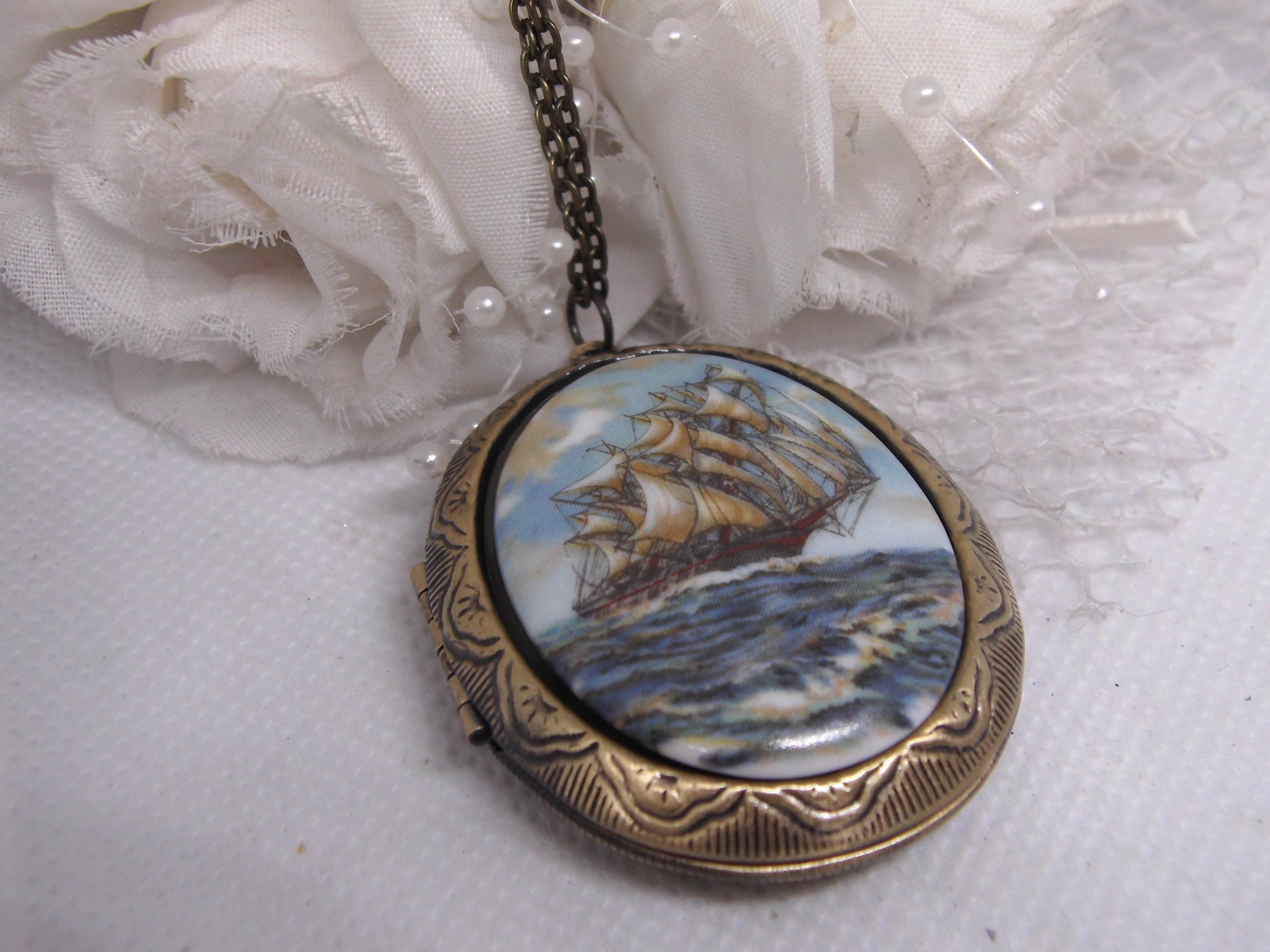 Porcelain Pirate Ship Nautical Keepsake Locket Necklace Pendant Beach ...