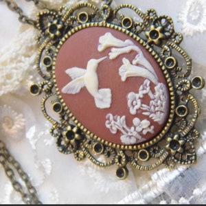 Brown Antique Gold Hummingbird Wedding Cameo Necklace Pendant 24 inch chain