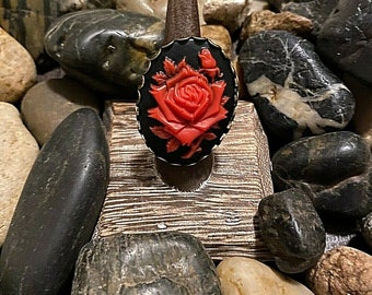 Gothic Steampunk Fall RED Full Bloom Rose Cameo Brass Adjustable Ring Flowers