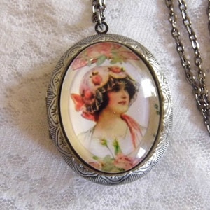 Victoriaanse Lady Locket antieke zilveren ketting porselein cameo geheugen