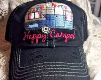 Boating Happy Camper Baseball Cap Hat Ladies - Glitter paint embroidery fishing hunting bad hair day hat
