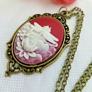 Bronze Heart Ruby Fancy Dragonfly Cameo Necklace Pendant Charm Vintage style Victorian