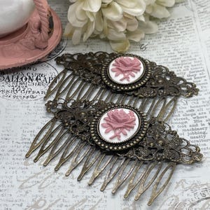 Pair Bronze Barrette Jewelry Hair Comb Cameo Pink White Rose Wedding Party Gift