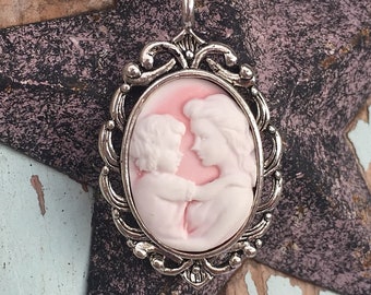 Christmas Gift Mom Grandma Pink White cameo Mother and child Silver or gold necklace Mothers day