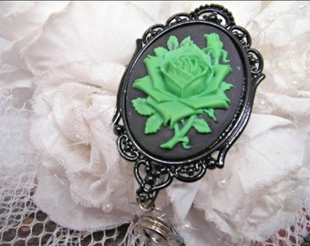 Green Rose Cameo   Silver Badge reel retractable ID Holder Glasses Key Card Teacher Doctor Nurse