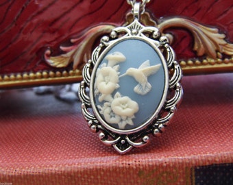 Hummingbird Petite Blue White vintage Inspired Cameo Ladies Silver Filegre art designer Necklace Pendant