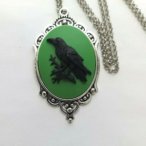 Green Raven Crow Gothic Rockabilly Cameo Necklace Pendant Victorian Jewelry