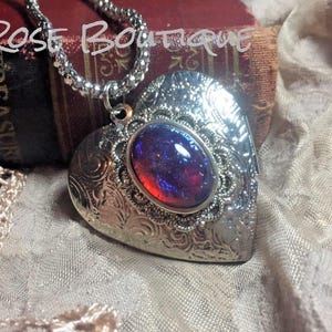 HEART Large Mexican Glass Fire Opal glass art Mythical Heirloom Locket Necklace
