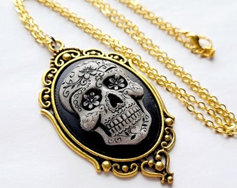 Black Gray Gold Sugar Skull Day of the Dead Gothic Rockabilly Cameo Necklace Pendant Victorian Jewelry