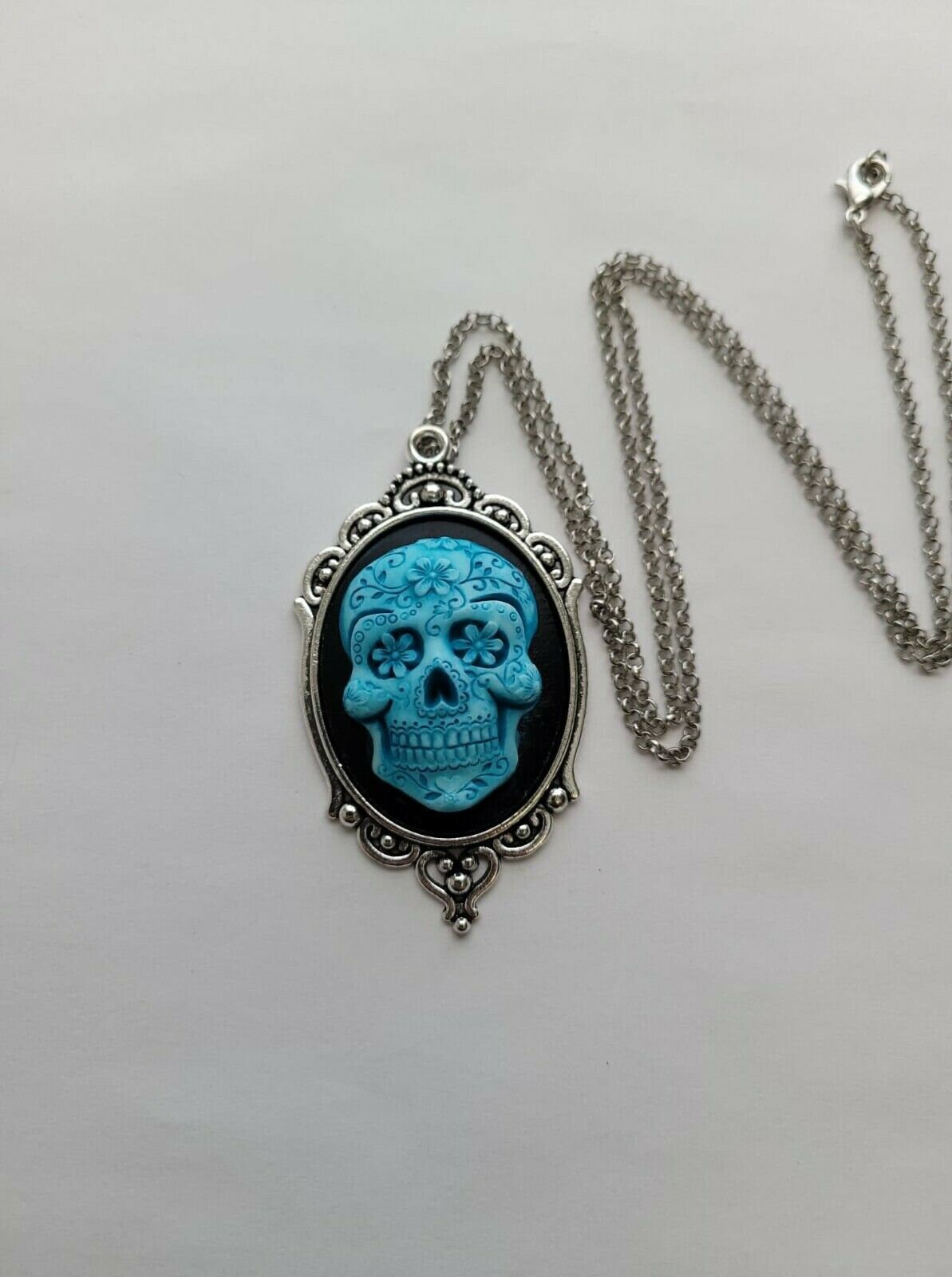 Teal Blue Sugar Skull Day of the Dead Gothic Rockabilly Cameo