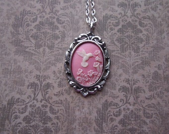 Hummingbird Petite PINK White vintage Inspired Cameo Ladies Silver Filegre art designer Necklace Pendant