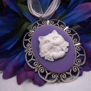 Purple Lavender Fancy lace silver setting cameo cat 30x40 resin cameo Kitten Cat ribbon necklace