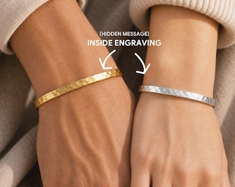 Personalized Hammered Cuff Bracelet, Custom Inside Engraved Bangle, Gold Silver Rose Gold Bracelet, Hidden Message Gift for Him Her
