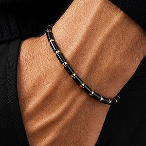 Black Onyx Bracelet for Men, Hematite Bracelet, Mens Gold Beaded Stretch Jewelry, Gift for Him
