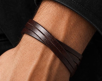 Pulsera de cuero para hombre de doble vuelta, pulsera vintage de piel de vaca marrón y negra, regalo de aniversario de cuero para él, regalo de aniversario para papá y esposo (3er aniversario)