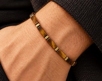 Tiger Eye Bracelet for Men, 13x4mm Rectangular Beads, Gold-Plated Hematite Spacers, Minimalist Stretch Bracelet