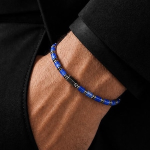 Lapis Lazuli Bracelet Men, Hematite Heishi Beaded Stretch Bracelet, Blue Natural Stone Gemstone Bracelet Gift for Him Dad Husband