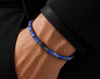 Bracelet lapis lazuli homme, bracelet extensible en perles Heishi hématite, cadeau bracelet en pierre naturelle bleue pour lui papa mari