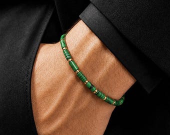 Malachite Bracelet for Men, Hematite Bracelet with Gold Spacers, Green Gemstone Beaded Stretch Bracelet, Gift for Him
