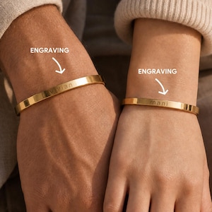 Pulsera tipo brazalete personalizada grabada a medida, regalo de aniversario para parejas (para él o para ella), oro, oro rosa, plata y negro.