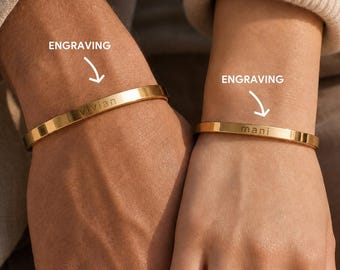 Personalized Cuff Bracelet Custom Engraved, Couples Anniversary Gift for Him Her, Gold Rose Gold Silver Black, Bangle Bracelet