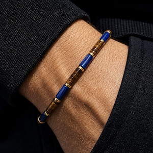 Pulsera de lapislázuli para hombre, pulsera de cuentas de ojo de tigre con cierre de hematita dorada, pulsera de piedra natural, regalo para él, papá o novio.