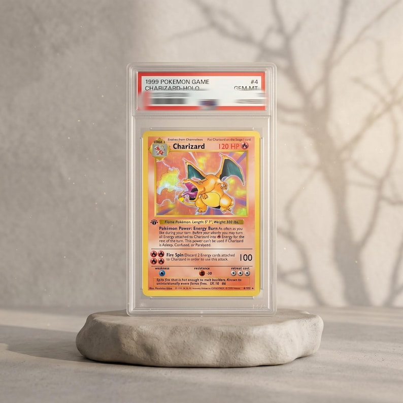 May include: A 1999 Pokemon Game Charizard holographic trading card encased in a clear protective slab. The card features the orange dragon-like creature, 120 HP, and the text Charizard, Fire Spin, and Energy Burn. The slab label reads GEM MT.