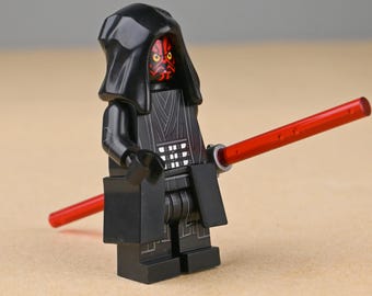 Darth Maul Minifigure Sith Lord with Double-Bladed Lightsaber, Red Black Tattooed Toy, Cool Birthday Gift for Son or Star Wars Fans
