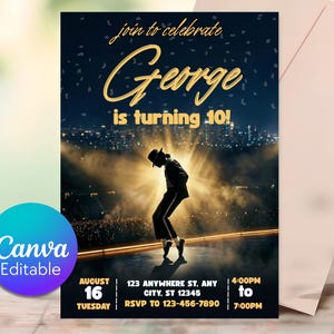 May include: A birthday party invitation with a silhouette of a performer on stage. The invitation reads "join to celebrate George is turning 10!" with event details. The Canva Editable logo is visible.