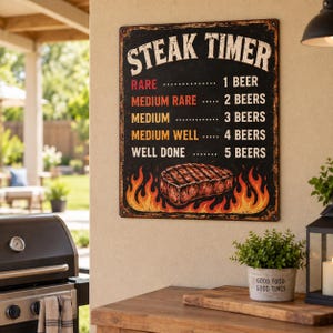 May include: A rectangular black metal sign titled STEAK TIMER with white text listing cooking levels from RARE to WELL DONE matched with 1 to 5 BEERS. The sign features a graphic of a grilled steak over orange and yellow flames.