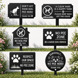 Peut inclure: Un ensemble de six panneaux de jardin en métal noir avec du texte et des graphiques blancs. Les panneaux présentent divers messages sur les déjections canines et l'entretien des pelouses, incluant No Pee Zone et Respect Our Space.
