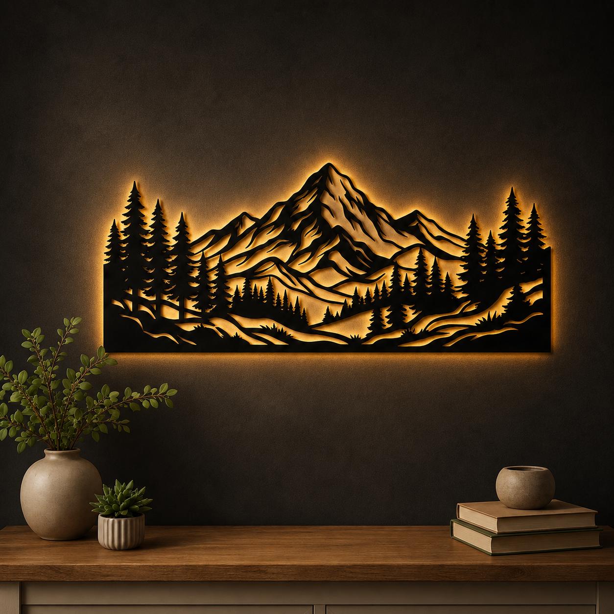 Mountain Landscape Metal Wall Art With LED Light, Pine Forest Wall