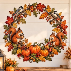 Autumn Wreath Metal Door Sign, Fall Squirrel Pumpkin Wall Art, Woodland Animal Decor, Harvest Metal Sign, Thanksgiving Fall Home Decor
