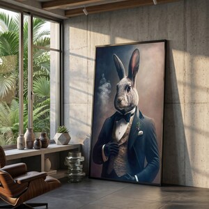 May include: A framed portrait of a rabbit in a tuxedo, complete with bow tie and waistcoat, smoking a cigar. The artwork is displayed in a room with a large window and a leather chair. The image is a surrealist piece.