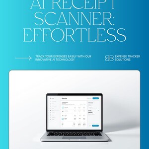 Puede incluir: Un gráfico digital con fondo degradado azul que presenta el texto AI RECEIPT SCANNER: EFFORTLESS y EXPENSE TRACKER SOLUTIONS. Un portátil muestra una interfaz de software para el seguimiento de recibos con un indicador de progreso del 66%.